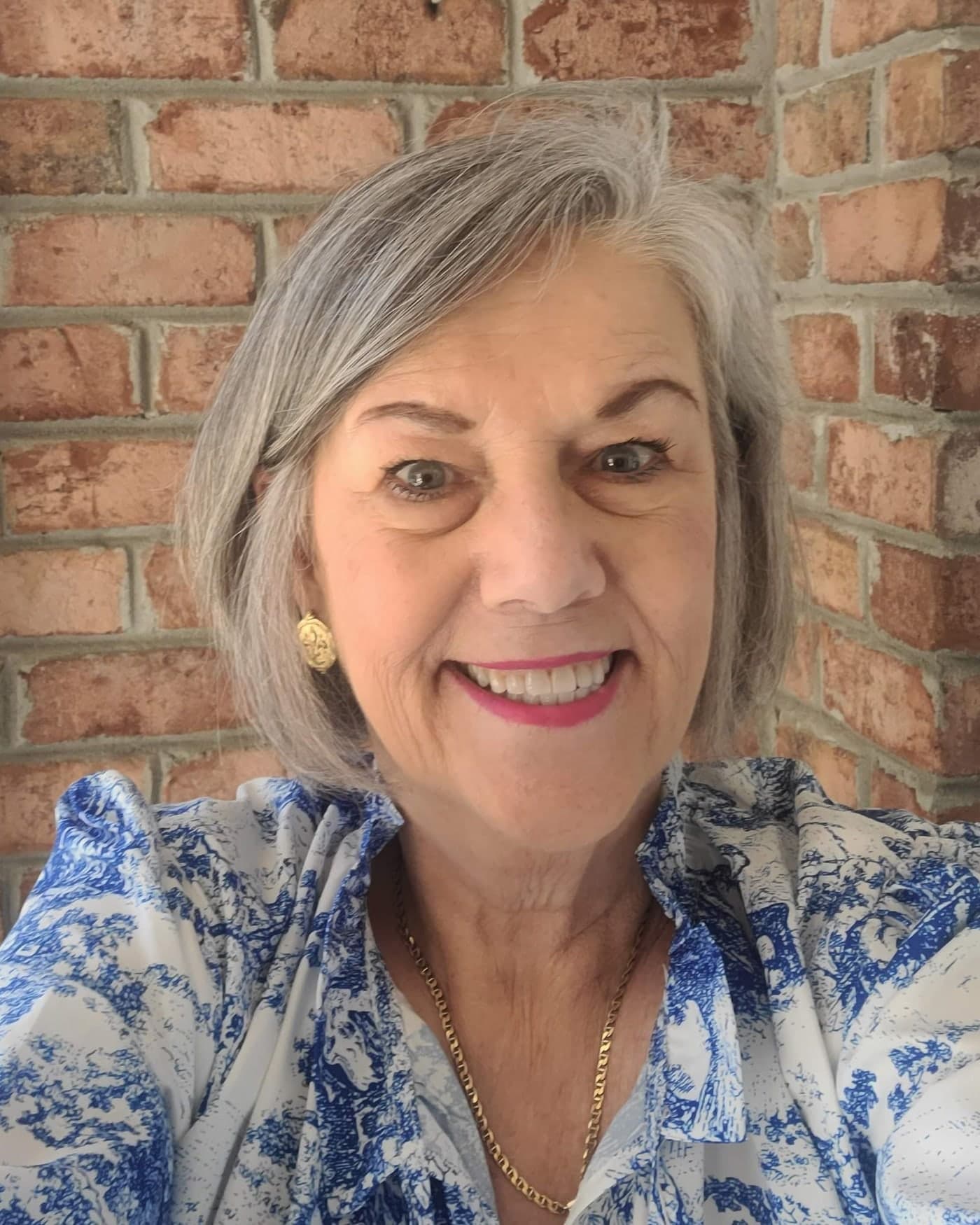 Ann Ipock smiling warmly in a blue-and-white patterned blouse against a brick wall.